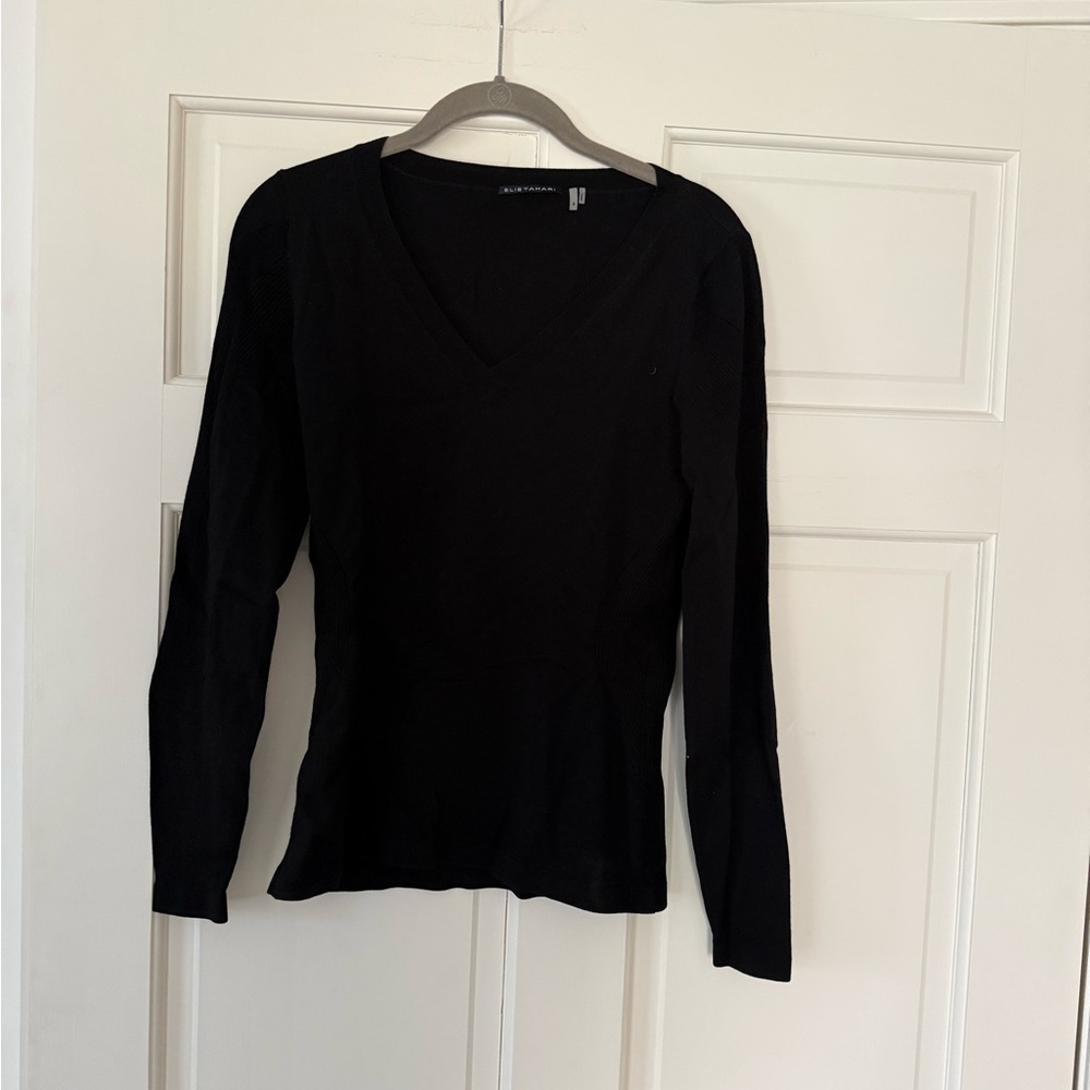 Elie Tahari Black Long Sleeve V-Neck Top